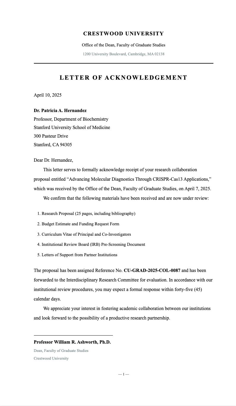 Academic formal acknowledgement letter